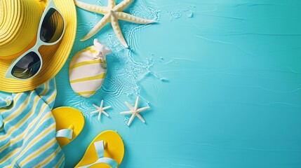 yellow beach accessories on turquoise blue background  sunglasses towel flipflops and striped hat summer is coming concept with copy space holiday by the sea concept : Generative AI