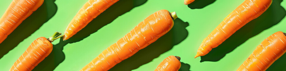 Wall Mural - Fresh Carrots on Green Background in Bright Sunlight