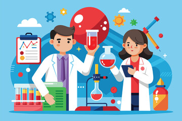 Poster - A man and woman in lab coats holding a beakle, conducting blood research in a customized cartoon illustration, Blood research Customizable Cartoon Illustration