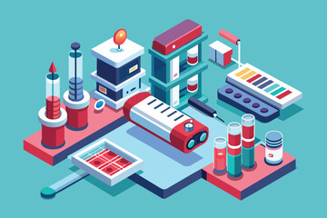 Poster - A computer connected to a keyboard, monitor, and other electronic devices in a tech setup, Blood test Customizable Isometric Illustration