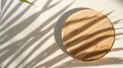 Aufkleber - Trendy Summer layout made with bamboo round card on white background Exotic shadow concept with copy space Tropical palm leaf shadow on flat bamboo blank : Generative AI