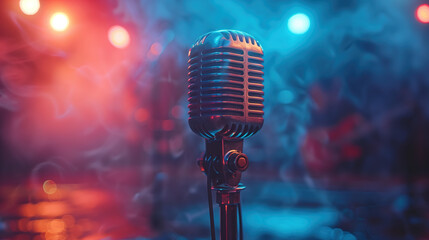 Microphone 90s Singing at night, dim lights, restaurant or bar, background cover singing music