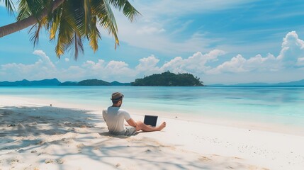 Business man on summer vacation trip Traveler man relaxing on beautiful natural white sand beach using laptop Andaman sea beach Tourism destination Asia Tourist holiday outdoor travel  : Generative AI