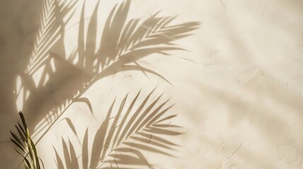 Poster - Minimal product placement background with palm shadow on beige plaster wall Luxury summer architecture interior aesthetic Boho home room for product platform stage mockup : Generative AI