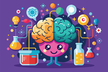 Sticker - A customizable cartoon brain is encircled by various science objects, Brain chemistry Customizable Cartoon Illustration