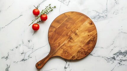 Aufkleber - Round empty wooden charcuterie serving board with handle on a white or gray marble table top view Kitchenware template with copy space Flat lay design mockup Layout cooking concept fra : Generative AI