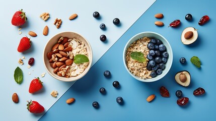 Wall Mural - Creative layout made of oatmeal coconut strawberry plum dried dates blueberry almond and walnut Flat lay Food concept : Generative AI