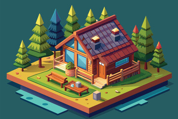 Poster - A small wooden cabin nestled in the heart of a dense forest surrounded by trees, Cabin fever Customizable Isometric Illustration