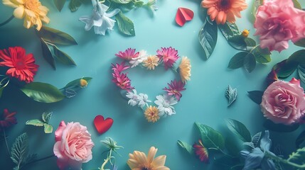 Wall Mural - Creative layout with colorful flowers leaves and heart shape Anniversary conceptFlat lay : Generative AI
