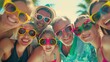 © Generative AI - Happy big family having fun at the pool spending summer vacation together wearing funny colorful sunglasses enjoyment and pleasure concept : Generative AI