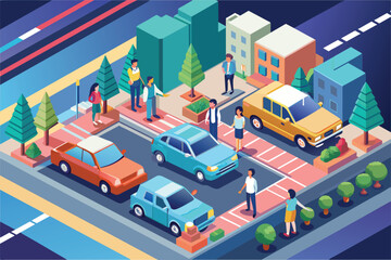 Wall Mural - Crowd of individuals gathered in a parking lot, possibly waiting or socializing, Carpool Customizable Isometric Illustration