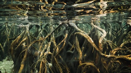 The photo shows the roots of a mangrove tree growing in the water