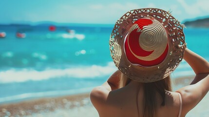Sticker - A slender tanned girl on the beach in a straw hat in the colors of the flag of Turkey The concept of a perfect vacation in a resort in the Turkey Focus on the hat : Generative AI
