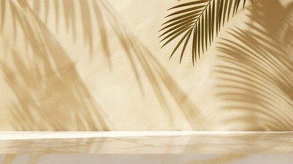 Wall Mural - Tropical palm tree shadow on cream wall and luxury marble table for product placement Natural layout design background Abstract summer light cosmetic stand mockup : Generative AI