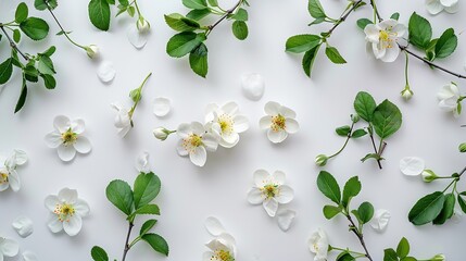 Poster - Creative floral nature spring layout Frame from Beautiful blooming spring twigs with white flowers green leaves on light background flat lay copy space Springtime concept flowers compo : Generative AI