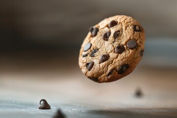 Wall Mural - Levitating homemade chocolate chip cookie floating in midair on a wooden surface. Defying gravity in a magic food photography concept