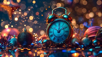 Poster - Festive Alarm Clock Surrounded by New Year s and Twinkling Lights