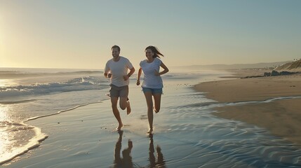 Wall Mural - happy couple running on the beach : Generative AI