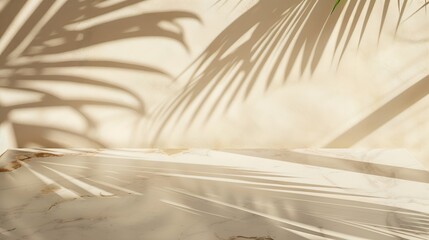 Aufkleber - Tropical palm tree shadow on cream wall and luxury marble table for product placement Natural layout design background Abstract summer light cosmetic stand mockup : Generative AI