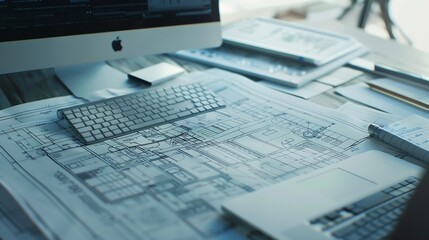 Aufkleber - Architect engineer office desk Residential building project blueprints and computer laptop copy space Digital drawings and design : Generative AI