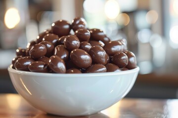 Poster - White bowl filled with glossy chocolatecovered almonds on a blurred background