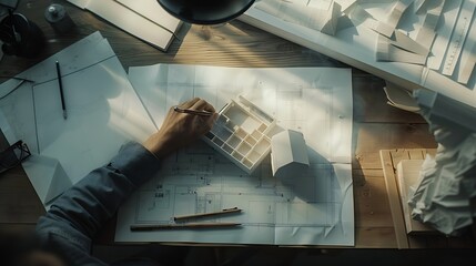 Aufkleber - Top view of architect drawing on architectural project : Generative AI