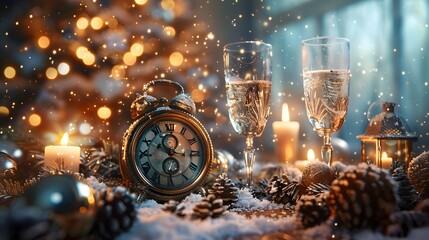 Aufkleber - Festive Countdown to the New Year with Champagne and Twinkling Decor
