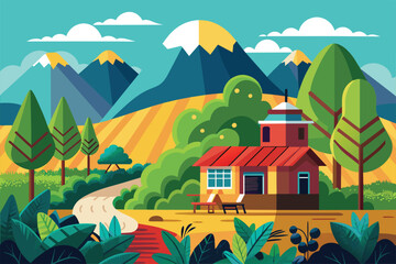 Wall Mural - A painting of a house standing in the midst of a dense forest, Coffee farm Customizable Flat Illustration