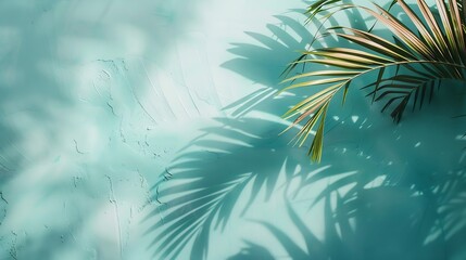 Aufkleber - Mint Blue cement texture wall leaf plant shadow backgroundSummer tropical travel beach with minimal concept Flat lay pastel color palm nature : Generative AI