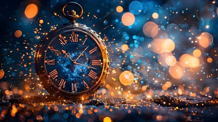 Poster - Dazzling Midnight of the New Year 2025 with Glowing Clocks and Vibrant Firework Displays