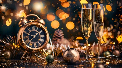 Poster - Elegant New Year s Eve with Champagne Flutes and Glittering Clock