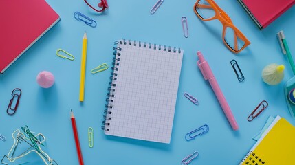 Poster - Back to school concept Flat lay style composition with stationery and notepad on blue background Top view overhead : Generative AI