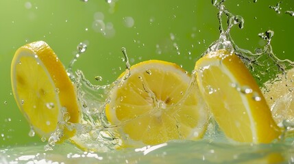 Aufkleber - Creative layout made from Fresh Sliced lemon fruit and water Splashing on a green background : Generative AI
