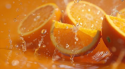 Poster - Creative layout made from Fresh Sliced oranges and Orange fruit and water Splashing on a orange background : Generative AI