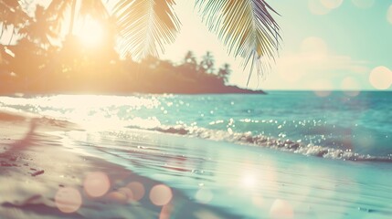 Poster - Blur tropical beach with bokeh sun light wave abstract background Copy space of outdoor summer vacation and travel adventure concept Vintage tone filter effect color style : Generative AI