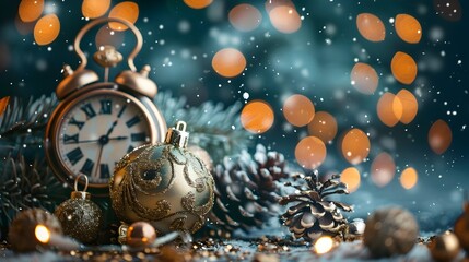 Poster - Vintage Clock and Christmas Ornaments with Sparkling Bokeh Lights for Festive New Year