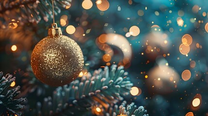 Poster - Festive Golden Ornament Hanging on Snowy Pine Branches with Sparkling Bokeh Lights in Winter Wonderland