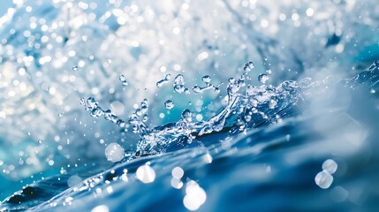 Poster - Defocused blurred transparent blue colored clear calm water surface texture with splashes and bubbles Trendy abstract nature background Water waves in sunlight with copy space : Generative AI