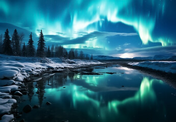 Wall Mural - Aurora borealis in night landscape with lake and mountains