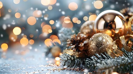 Poster - Festive Evergreen Branches with Sparkling Bokeh Lights for Joyous Holiday