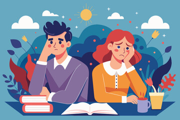 Sticker - A man and a woman are seated at a table, surrounded by books, Couple stress Customizable Semi Flat Illustration