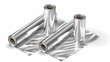 © Elchin Abilov - A collection of silver aluminum foil rolls is displayed as kitchen packaging elements in a 3D realistic design, featuring hot stamping aluminum foil isolated on a white background in vector format.