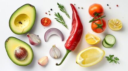 Wall Mural - Creative layout made of avocado onion tomatoes pepper and lemon Flat lay Food concept Vegetables isolated on white background : Generative AI