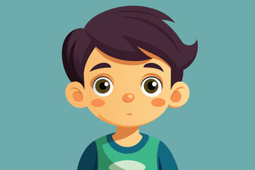 Poster - A young boy with black hair wearing a green shirt is depicted in this semi flat illustration, Curiosity child Customizable Semi Flat Illustration