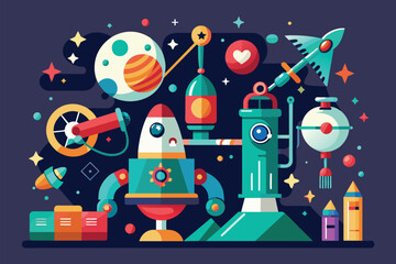 Poster - Brightly colored space station floating in outer space surrounded by stars and planets, Curiosity search Customizable Disproportionate Illustration