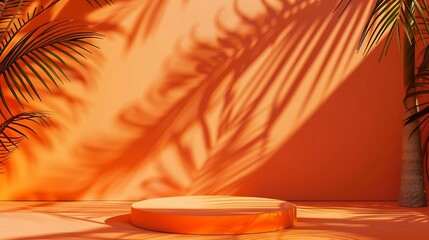 Aufkleber - Empty square podium with tropical palm tree shadow background Orange thanksgiving minimal flat lay frame poster Abstract trendy geometric mockup blank layout : Generative AI
