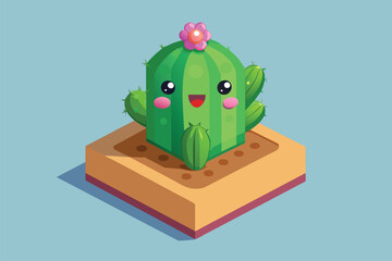 Poster - A cactus with a flower blooming on top of it, Cute cactus Customizable Isometric Illustration