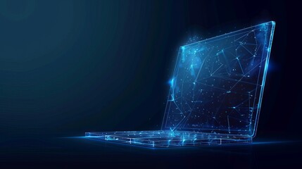 A futuristic glowing low polygonal laptop is isolated on a dark blue background, featuring a modern wireframe mesh design in a captivating vector illustration.