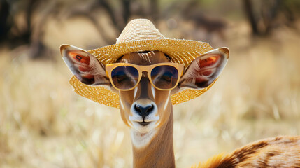 Antelope in sunglasses and hat on safari background, promoting wildlife tours