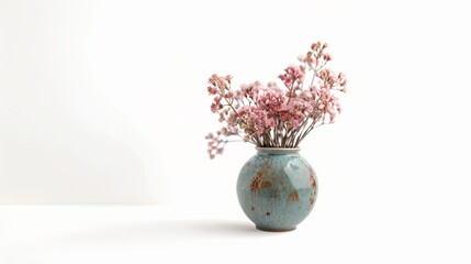 Wall Mural - A greenish ceramic vase holds dried decorative pink flowers, showcased against a white background in detailed macro and close-up shots.